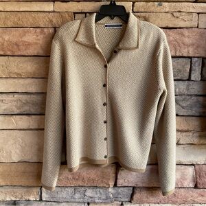 Amanda Smith Lambswool Blend tan ivory button up collared sweater EUC Large